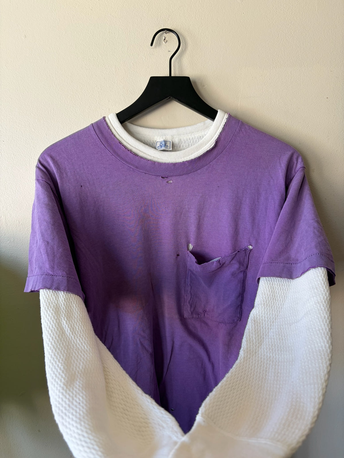 90s Faded Thrashed Purple Pocket Tee With Thermal