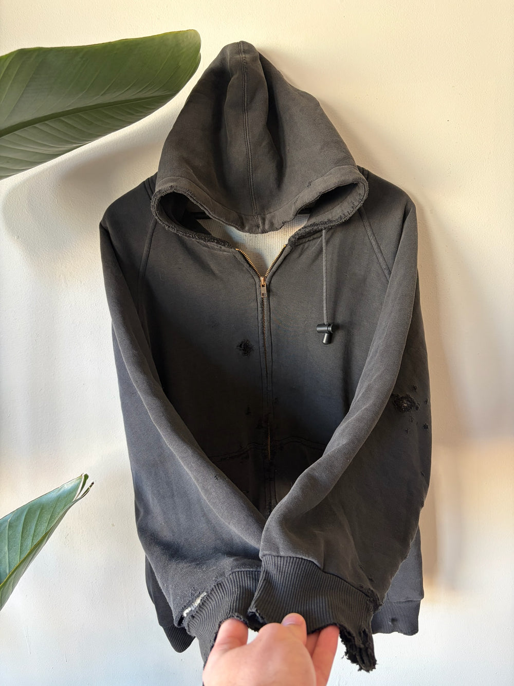 90s Thrashed and Faded Black Thermal Lined Zip Up Hoodie