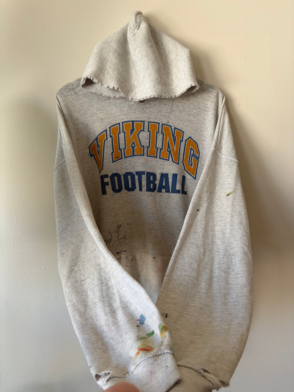 90s Thrashed and Paint Splattered Vikings Football Hoodie