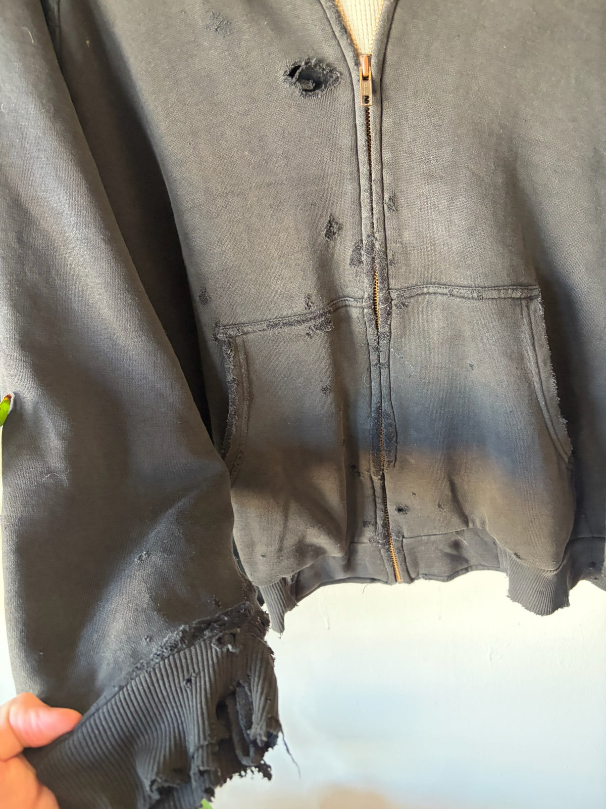 90s Thrashed and Faded Black Thermal Lined Zip Up Hoodie