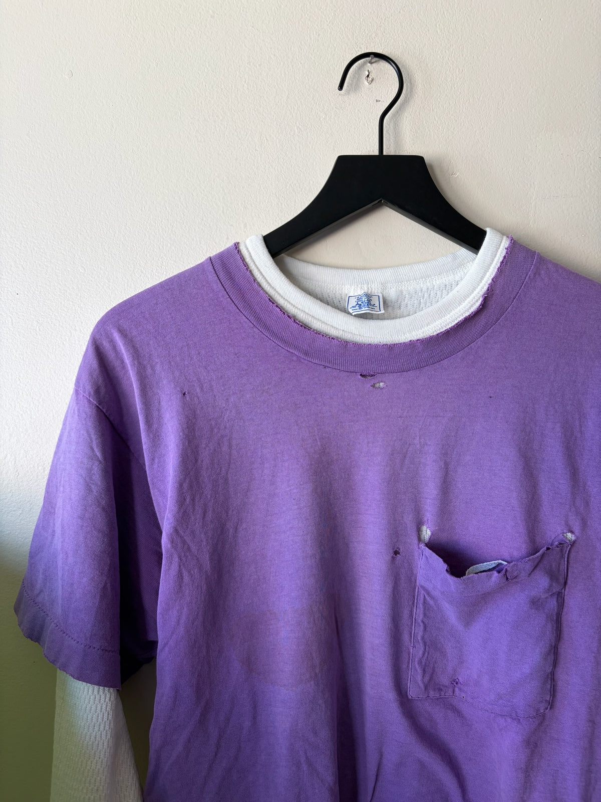90s Faded Thrashed Purple Pocket Tee With Thermal