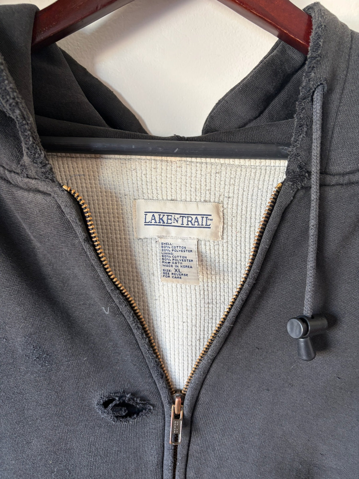 90s Thrashed and Faded Black Thermal Lined Zip Up Hoodie
