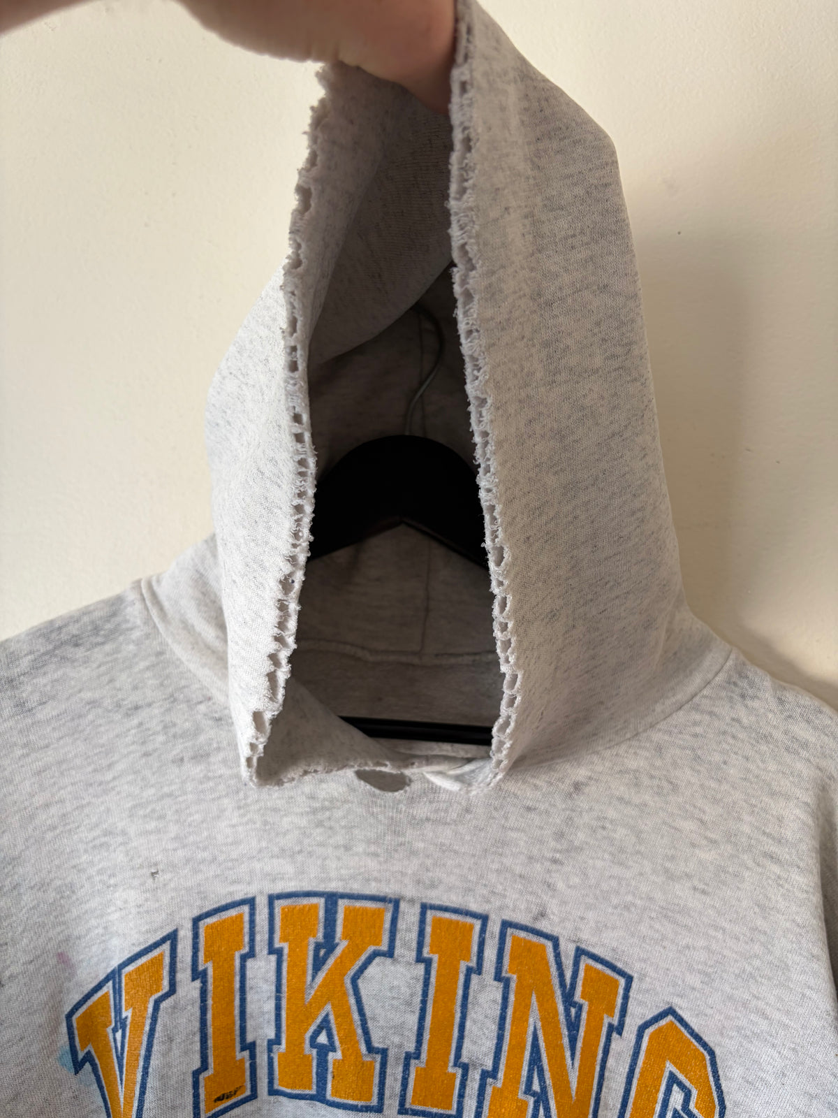 90s Thrashed and Paint Splattered Vikings Football Hoodie